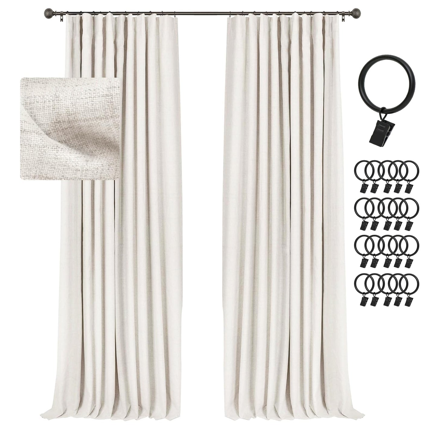 INOVADAY 100% Blackout Curtains for Bedroom 84 Inches Long, Clip Rings/Rod Pocket Linen Black Out Cute Curtains 2 Panels Set Thermal Insulated Curtains & Drapes for Living Room - Beige W50 x L84