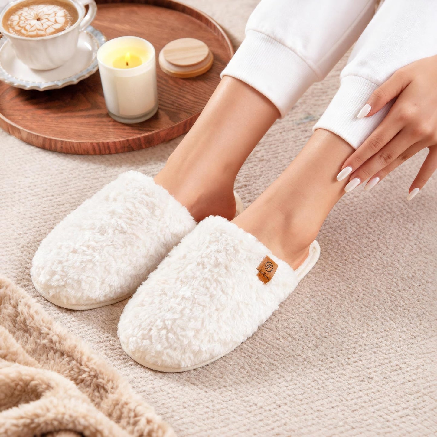 EverFoams Women's Fuzzy Slip-on Slippers Warm Cozy Soft Lightweight Memory Foam Indoor House Shoes Cream White, 7-8 US