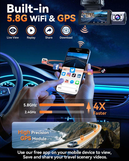 TERUNSOUl 4K Dash Cam Front and Rear, Full HD 3 Channel Dashcam, Free 128GB MicroSD Card, Built-in 5.8GHz WiFi Built-in GPS, Collision Sensor, Night Vision, HDR, 3.16" IPS, 24H Parking Mode（Black）