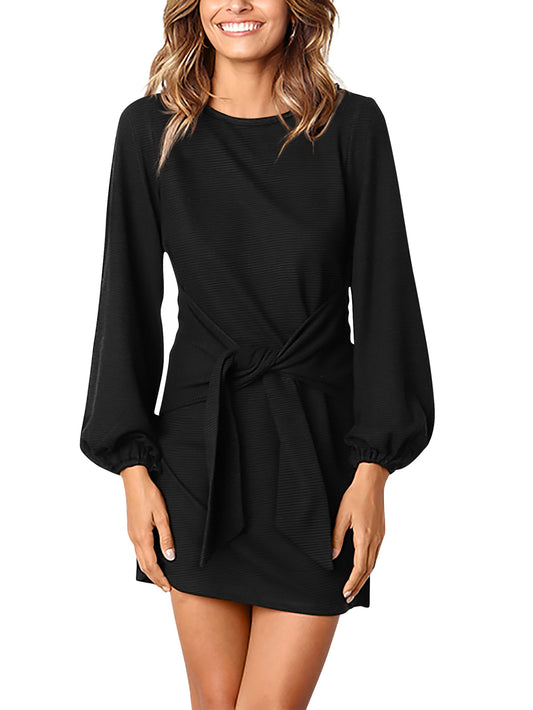 PRETTYGARDEN Women's Elegant Long Lantern Sleeve Short Dress Crewneck Tie Waist Knit Cocktail Dress (Black,Small)
