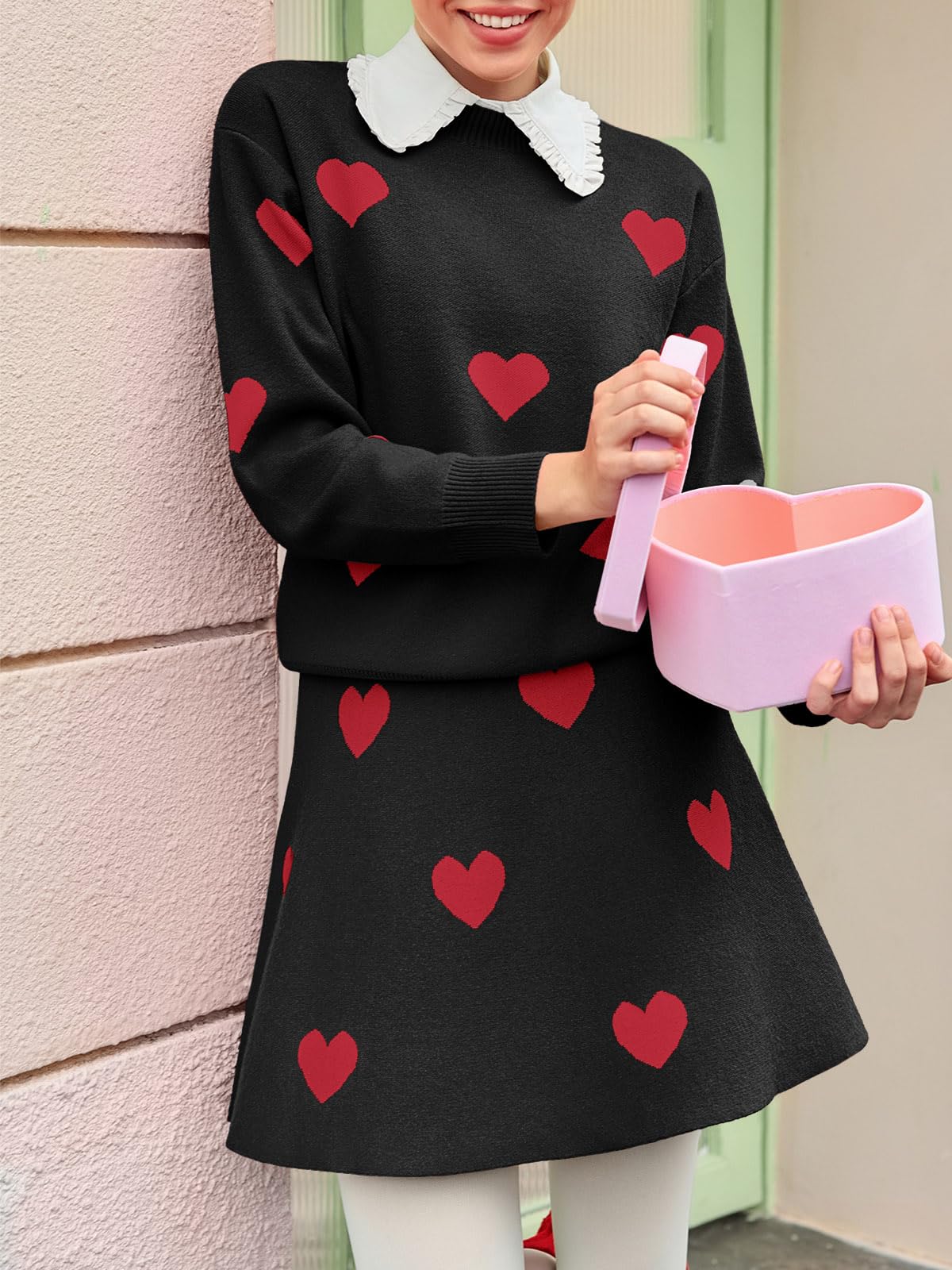 Tankaneo Womens 2 Piece Skirt Sets Pullover Sweaters Pleated Mini Skirt Fall Winter Knit Trendy Valentine's Day Sweater Sets