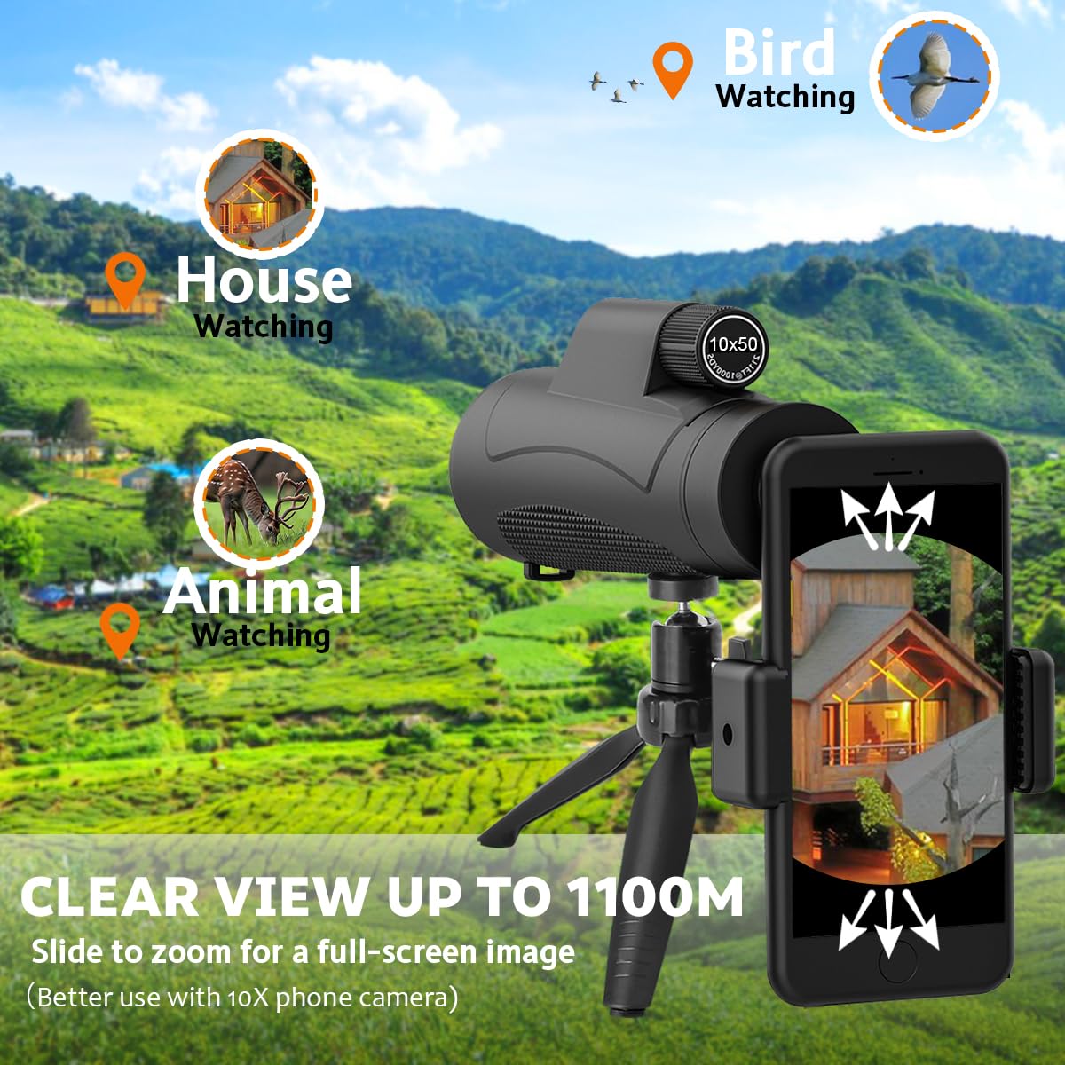 80x100 Monocular Telescope High Powered for Smartphone High Definition Monoculars for Adults with Adapter/Tripod for Bird Watching Hiking Hunting Camping Traveling Outdoor Wildlife-2025 Update