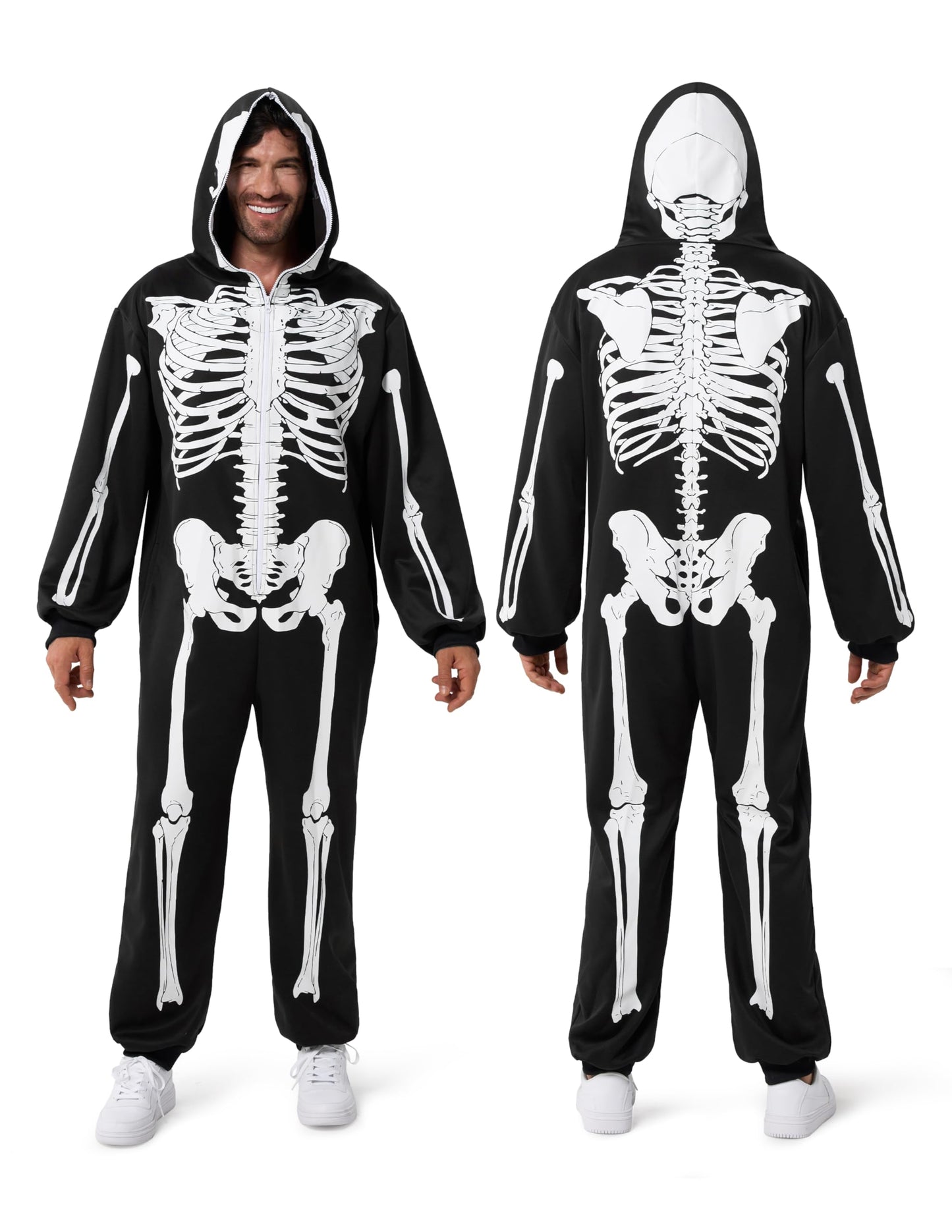 Spooktacular Creations Halloween Skeleton Pajama, Skeleton Costume for Adult Men, Hooded Plush Pajamas Jumpsuit, Zip-Up Skull Jumpsuit for Adult Men Halloween Cosplay Costume Themed Parties Black