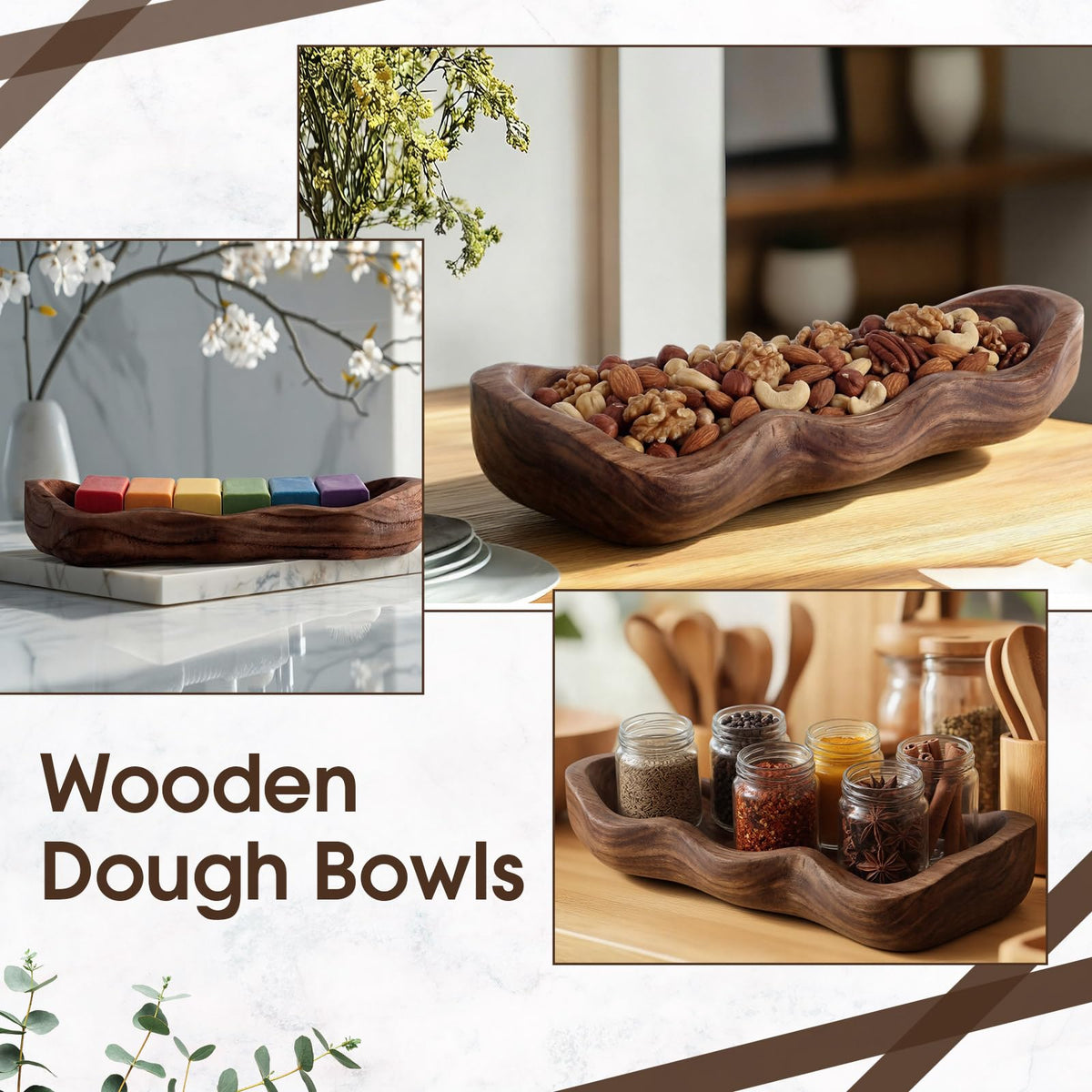 Nuogo 14 Inch Wooden Wavy Edge Dough Bowl Supplies, Brown