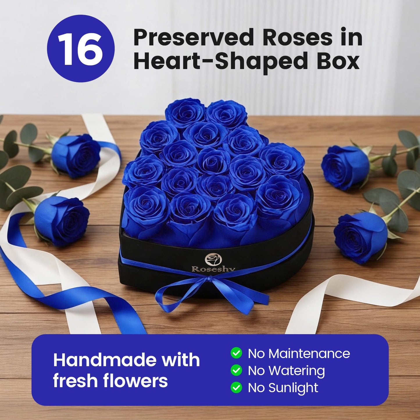 Valentines Day Flowers Roses Gifts for Her,16pcs BlueForever Preserved Roses in Heart Shape Gift Box,Valentines Day Delivery Prime Gifts-Roses Gifts for Women,Mom.