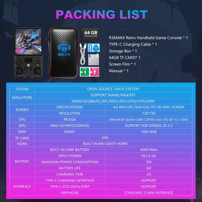 R36MAX Retro Handheld Game Console, 4.0 Inch 720x720 IPS Screen, 64GB Built-in 18,000+ Classic Game, Portable Hand Held Open Source Linux System, 4000mAh Battery Retro Gaming Console(Black 64GB)