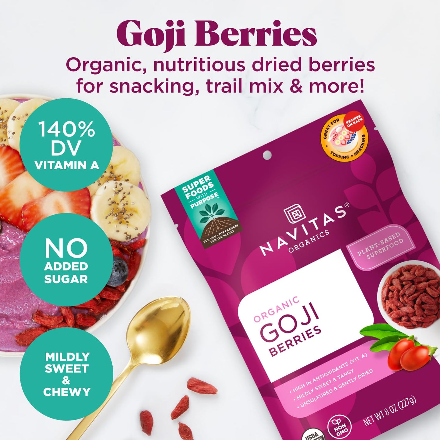 Navitas Organics Goji Berries, 8 oz. Bag, 8 Servings — Organic, Non-GMO, Sun-Dried, Sulfite-Free