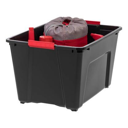 IRIS USA 51 L (54 QT) Plastic Storage Box with Lid and Latches - 4 Pack - BPA-Free, Garage Organizing Solution, Durable Nestable Stackable Containers, Secure Pull Handle - Black