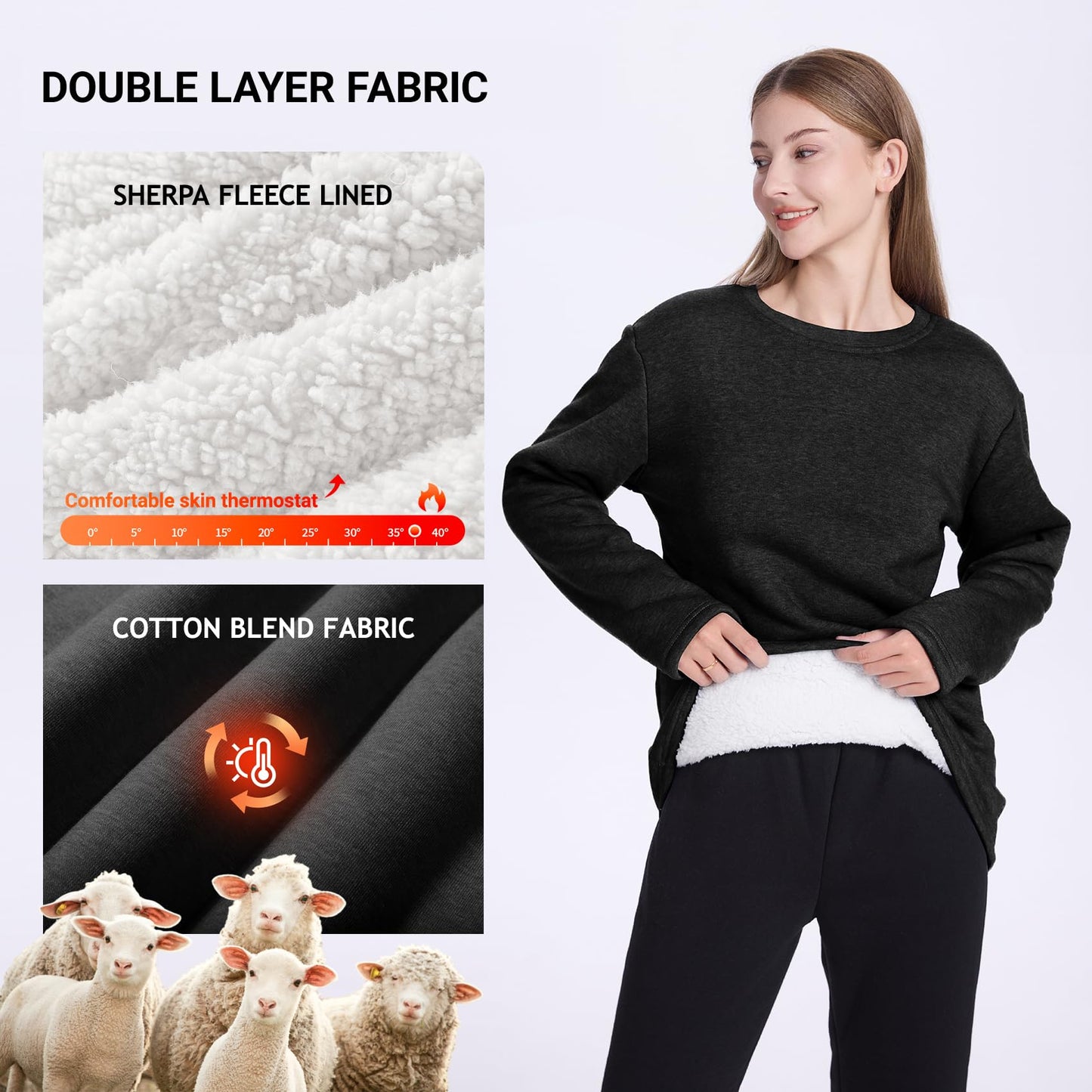 PEHMEA Women's Winter Warm Sherpa Lined Fleece Sweatshirt Crewneck Sport Pullover Loungewear Tops(Black-XL)