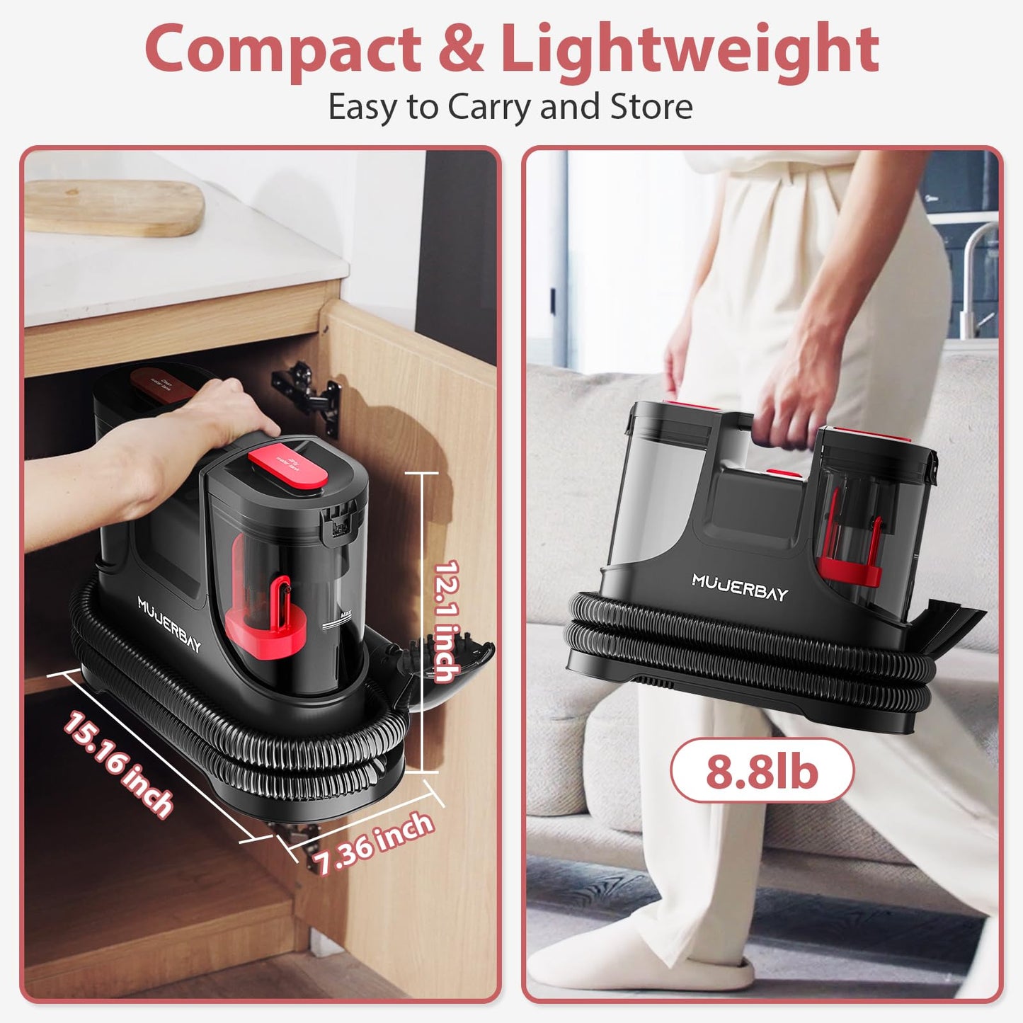 Carpet Cleaner, MUJERBAY 15Kpa Portable Spot and Stain Cleaner, Easy Move with Handle, 1.5-inch Deep Cleaning Machine for Couch, Stairs, Car. Red