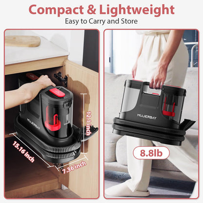 Carpet Cleaner, MUJERBAY 15Kpa Portable Spot and Stain Cleaner, Easy Move with Handle, 1.5-inch Deep Cleaning Machine for Couch, Stairs, Car. Red