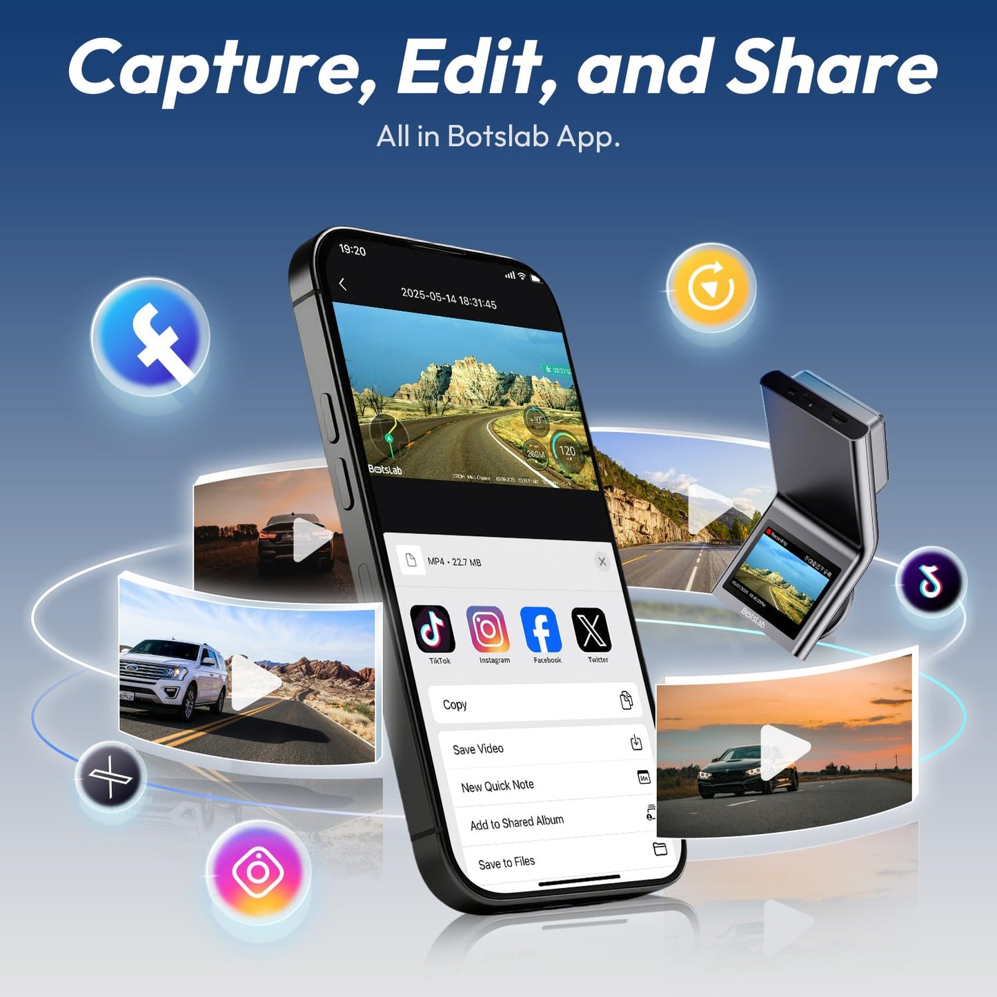 BOTSLAB 4K Dash Cam Front and Rear, STARVIS 2 Sensor, Voice Control, 64GB Card Included, 5GHz WiFi Dashcam Front and Rear Camera, Built in GPS, WDR Night Vision, 170°Wide Angle, 24H Parking Mode