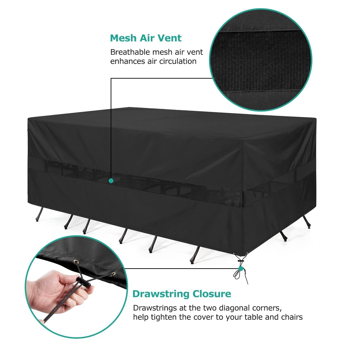 SunPatio Patio Furniture Covers Waterproof, Rectangular Table and Chairs Set Cover, Outdoor Furniture Set Cover with Drawstrings and Taped Seams, All Weather Protection, 76"W x 50"D x 30"H, Black