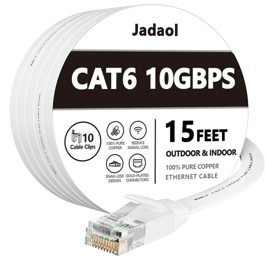 Cat 6 Ethernet Cable 15 ft, Outdoor&Indoor 10Gbps Support Cat7 Network, Flat Internet RJ45 LAN Patch Cords, Solid Cat6 High Speed Computer Wire with Clips for Router, Modem, PS4/5, Xbox, Gaming, White