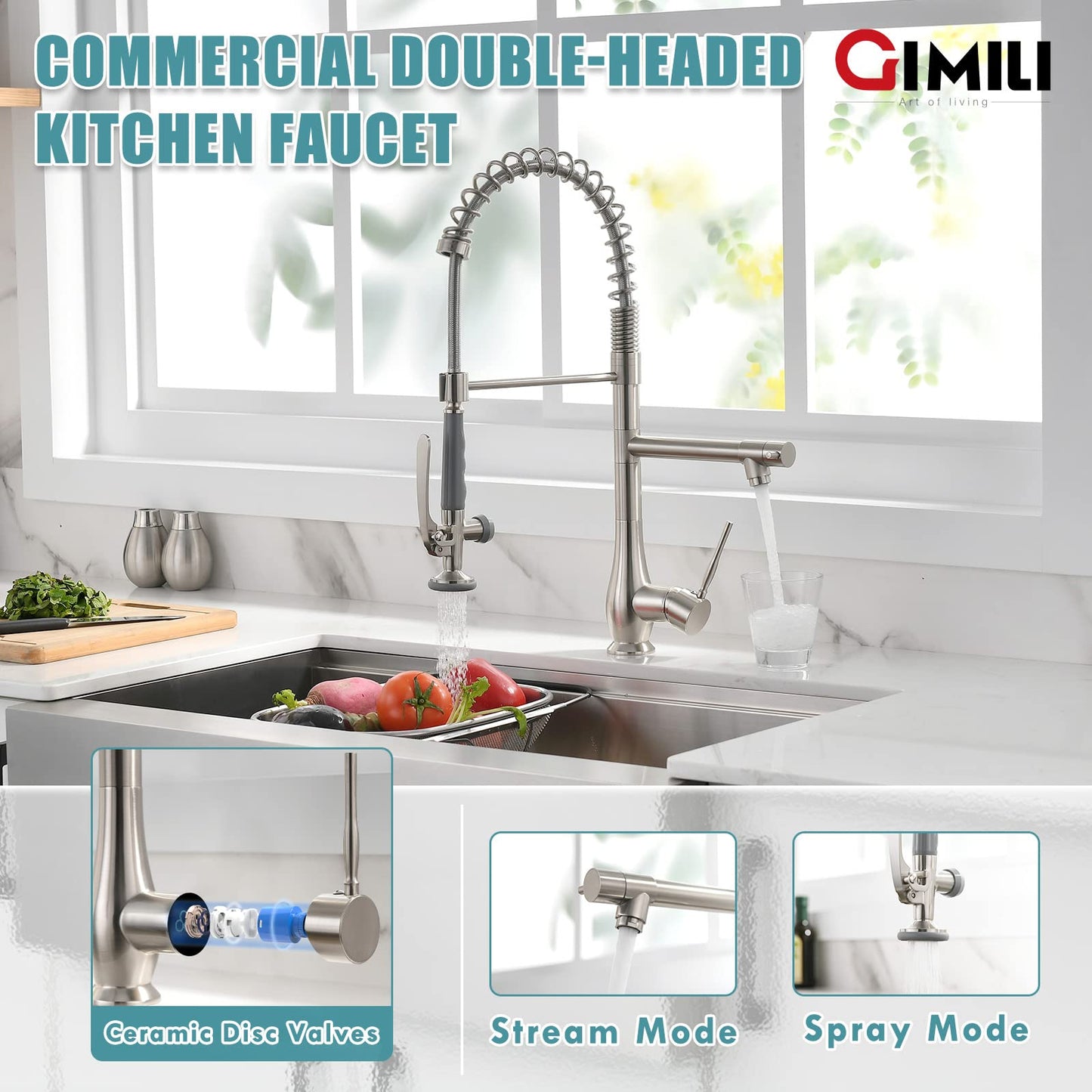 GIMILI Kitchen Faucet with Pull Down Sprayer Single Handle High Pressure Brushed Nickel Kitchen Sink Faucet Commercial Double-Headed Stainless Steel Kitchen Faucets Sink with Deck Plate