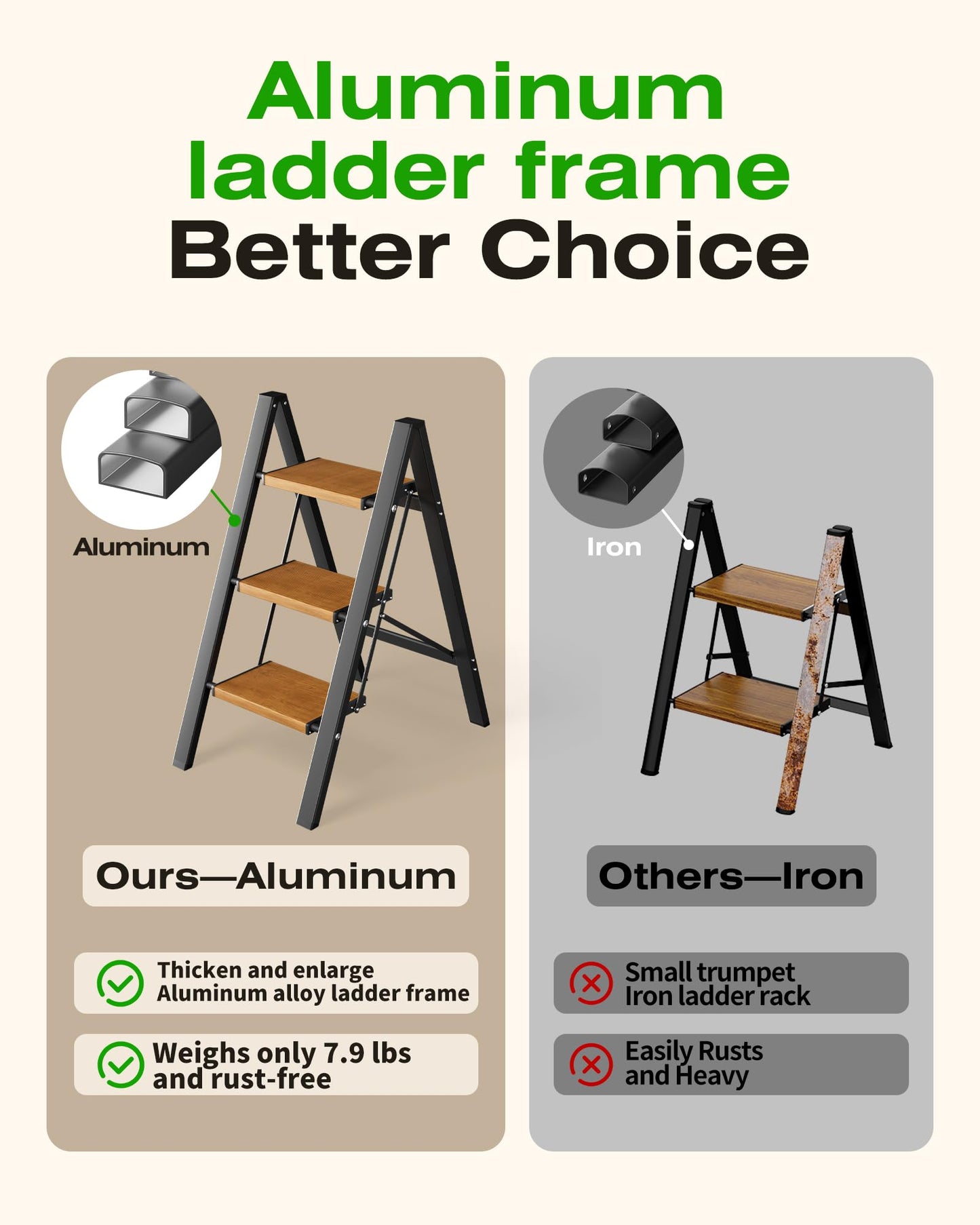 Taranta 3 Step Ladder,Aluminum Lightweight Folding 3 Step Stool with Anti-Slip Wide Pedal, 330lbs Capacity Step Ladder for Household,Kitchen,Office - BlackWoodgrain