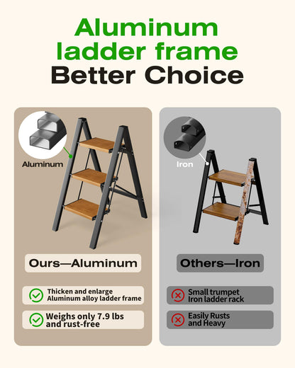 Taranta 3 Step Ladder,Aluminum Lightweight Folding 3 Step Stool with Anti-Slip Wide Pedal, 330lbs Capacity Step Ladder for Household,Kitchen,Office - BlackWoodgrain