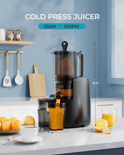 Cold Press Juicer Machines, EUHOMY 5.5" Wide Feed Chute, Slow Masticating Juicer for Whole Vegetables and Fruits, 99.6% High Juice Yield, Easy to clean, Juicer Machines with BPA Free, Black