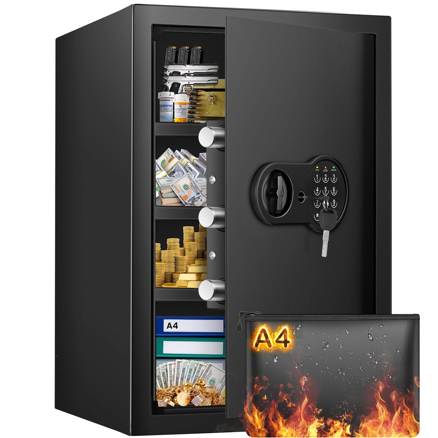 Mitlvge 23.62'' Tall Extra Large Home Safe Box, Safe with Fireproof Waterproof Document Bag, Digital Keypad and 3 Removable Steel Shelves, Security Box for Money Medicines Jewelry Valuables