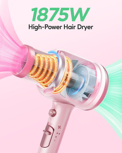 Wavytalk Professional Hair Dryer with Diffuser 1875W Power Dryer, Blow Dryer Ionic Hair Dryer for Women with Constant Temperature, Fast Drying &Low Noise, Millennial Pink