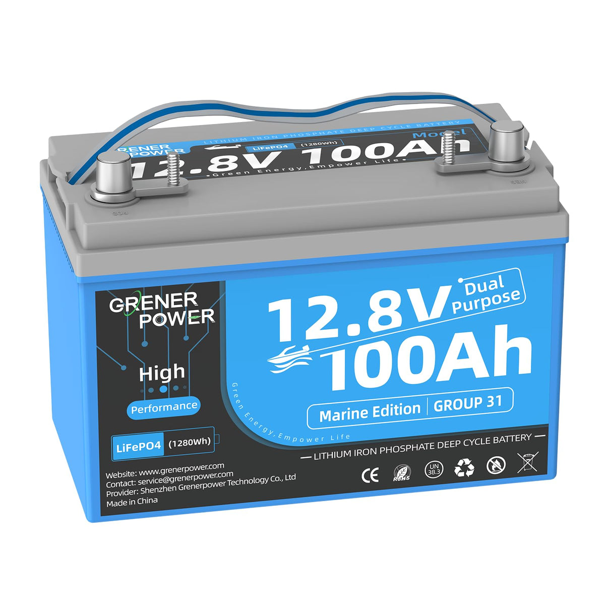 GrenerPower 12.8V100Ah Group 31 Dual Purpose LiFePO4 Battery, Built-in 200A BMS, IP66 Waterproof, and Max. 900A Marine Cranking Starting Lithium Battery, Up to 4P4S for Outboard Motors, Boat, RV, Home