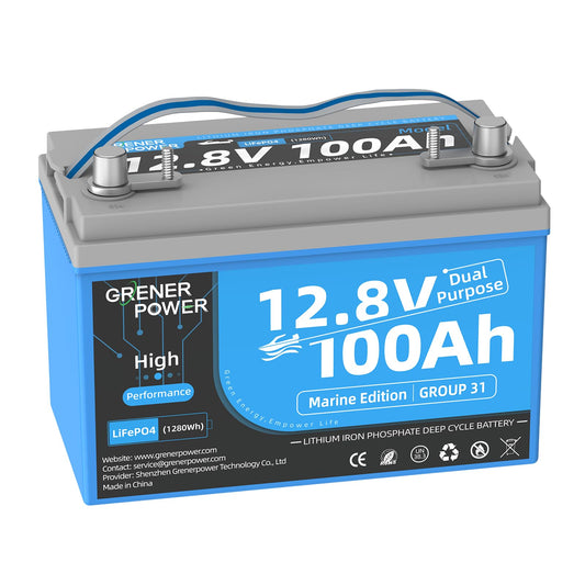 GrenerPower 12.8V100Ah Group 31 Dual Purpose LiFePO4 Battery, Built-in 200A BMS, IP66 Waterproof, and Max. 900A Marine Cranking Starting Lithium Battery, Up to 4P4S for Outboard Motors, Boat, RV, Home