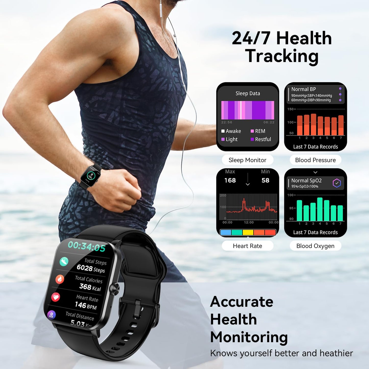 Smart Watch, 1.85" Smartwatch for Men Women (Answer/Make Call), Heart Rate, Sleep Monitor, Pedometer, 120+ Sport Modes Activity Tracker, IP68 Waterproof Fitness Watch for Android iOS (Black)
