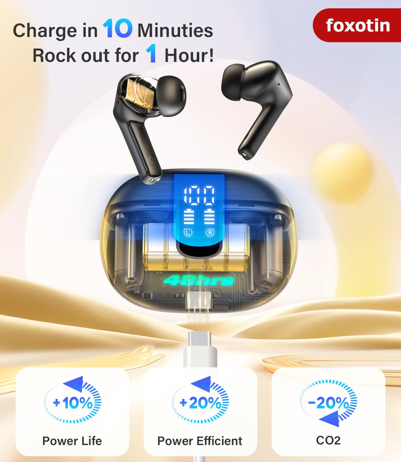 Ear Buds Wireless Earbuds - Bluetooth 5.3 Headphones (48H Playback) Built in Mic with LED Display Charging Case, IP7 Waterproof Earphone for iPhone Andriod Phones Laptop Sports Workout - Black