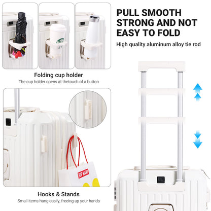 YANQIAO Carry-on Luggage with Cup Holder & USB Charging Port, Hard Side Luggage with Spinner Wheels, Lightweight Luggage for Travel, Business, School (White, Carry-On 20-Inch)
