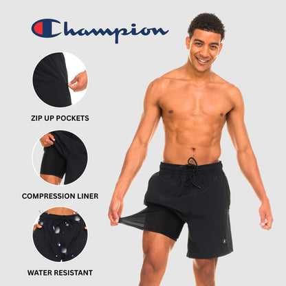 Champion Mens Swim Trunks with Compression Liner, 2 in 1 Mens Bathing Suit Shorts, 7 Inch Inseam Board Shorts for Swimming Black