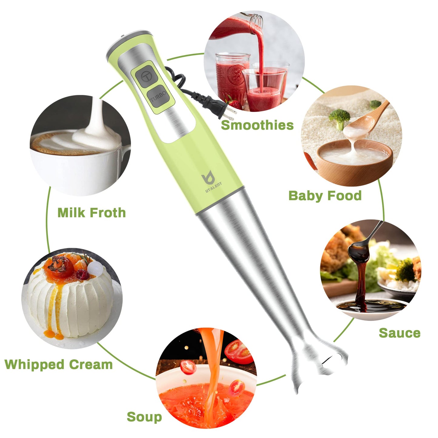 Immersion Hand Blender, UTALENT 5-in-1 8-Speed Stick Blender with 500ml Food Grinder, BPA-Free, 600ml Container,Milk Frother,Egg Whisk,Puree Infant Food, Smoothies, Sauces and Soups - Green