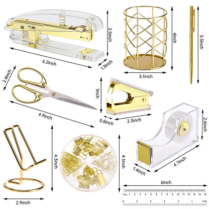 EOOUT Gold Office Supplies Set Desk Accessories, Acrylic Stapler Set Staple Remover, Phone Holder, Tape Holder, Pen Holder, 2 Ballpoint Pen, Scissor, Binder Clips, Ruler, Transparent Glue and Staples.