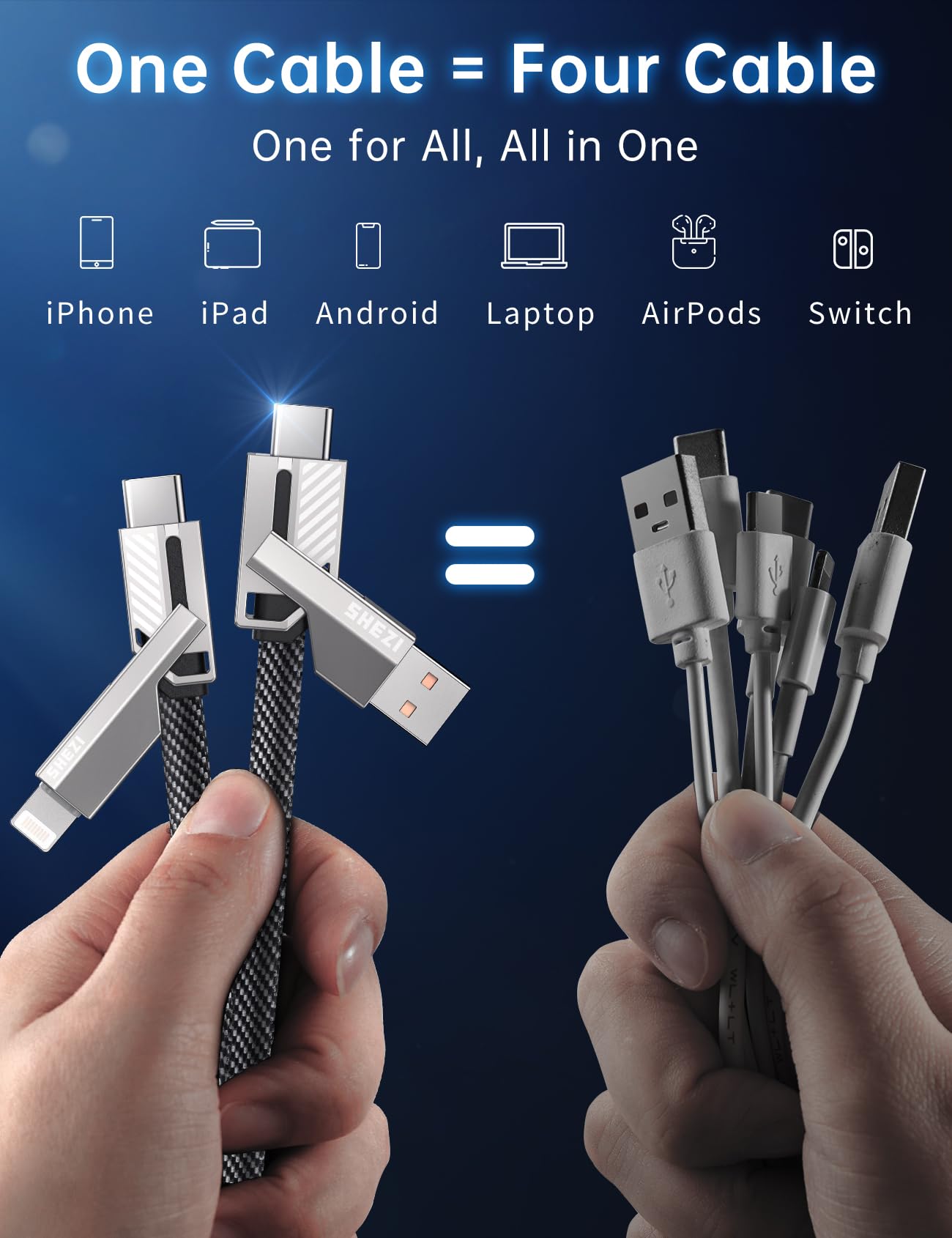 [One is Enough] 4-in-1 Compatible with USB C to Lightning Cable, 240W High-Speed Charging & Fast Data Transfer,CarPlay & Android Auto Support Multi Charger Cord Combo for iPhone/Samsung/iPad,3FT