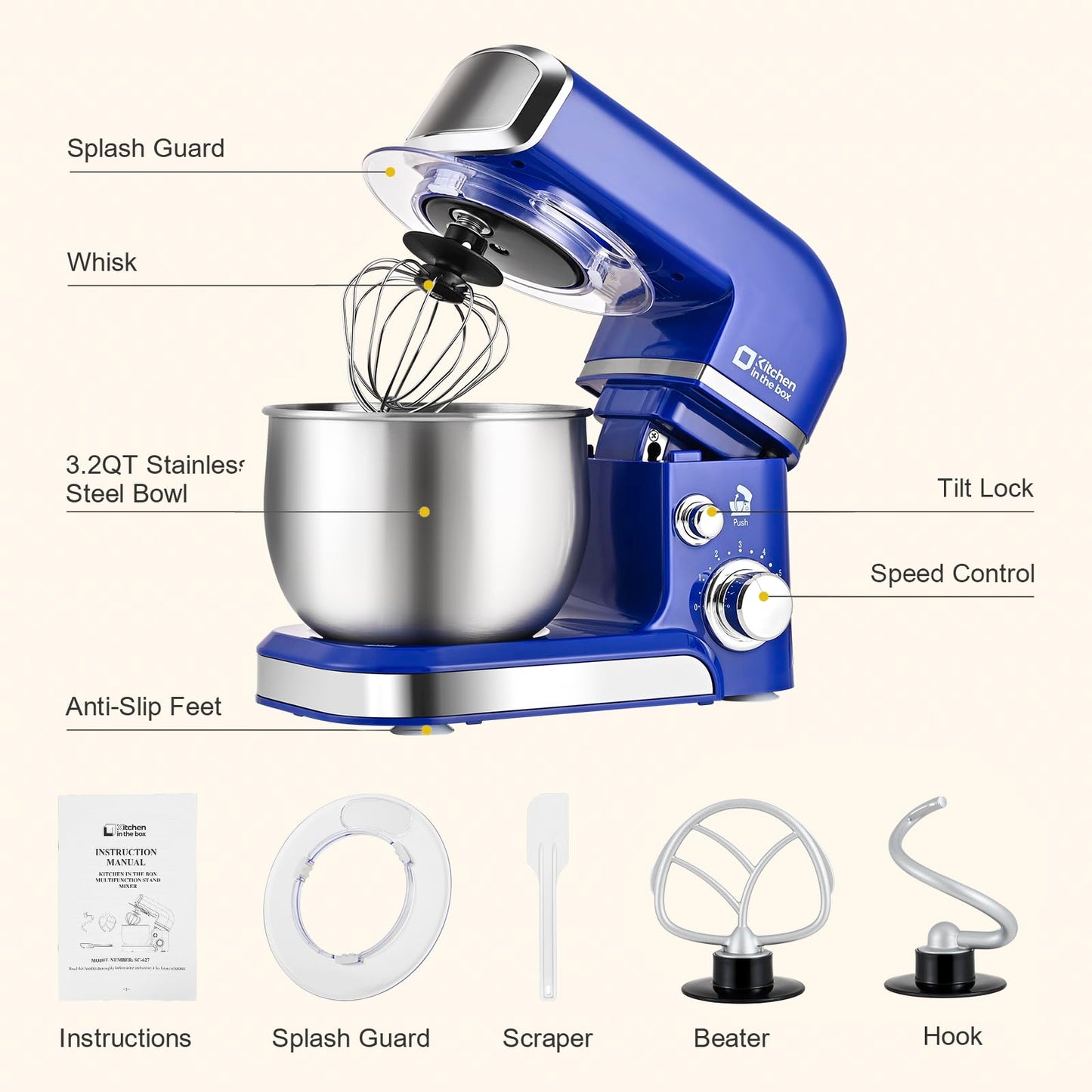 Kitchen in the box Stand Mixer,3.2Qt Mini Electric Food Mixer,6 Speeds Portable Lightweight Kitchen Mixer for Daily Use with Egg Whisk,Dough Hook,Flat Beater (Reflex Blue)