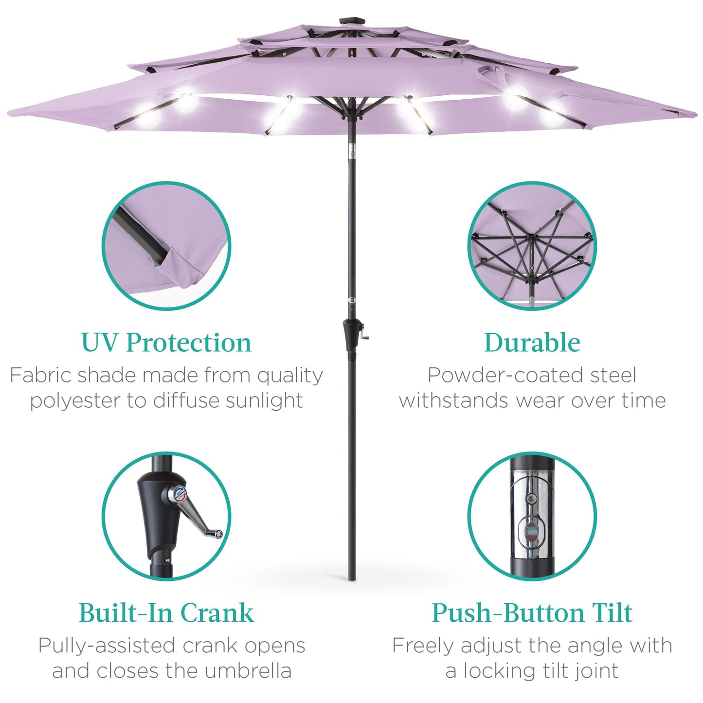 Best Choice Products 10ft 3-Tier Solar Patio Umbrella, Outdoor Market Sun Shade for Backyard, Deck, Poolside w/ 24 LED Lights, Tilt Adjustment, Easy Crank, 8 Ribs - Lavender