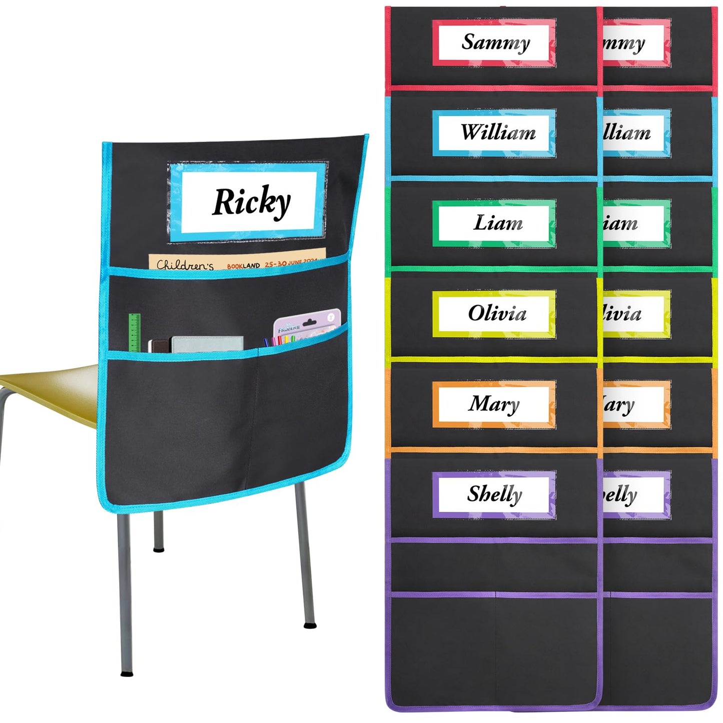 AZKAQA 12 Pack Classroom Chair Pockets 19x16.8 Inch Chairback Buddy Pocket Chart Seat Back Organizer Student Storage with Lable Slot for Classroom Kindergarten School Home