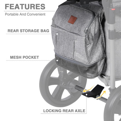 EVER ADVANCED Foldable Wagons for Two Kids & Cargo, Collapsible Folding Stroller with Adjustable Handle Bar,Removable Canopy with 5-Point Harness Gray
