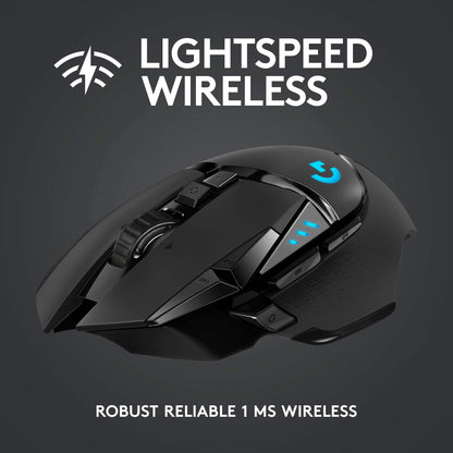 Logitech G502 Lightspeed Wireless Gaming Mouse with Hero 25K Sensor, PowerPlay Compatible, Tunable Weights and Lightsync RGB - Black