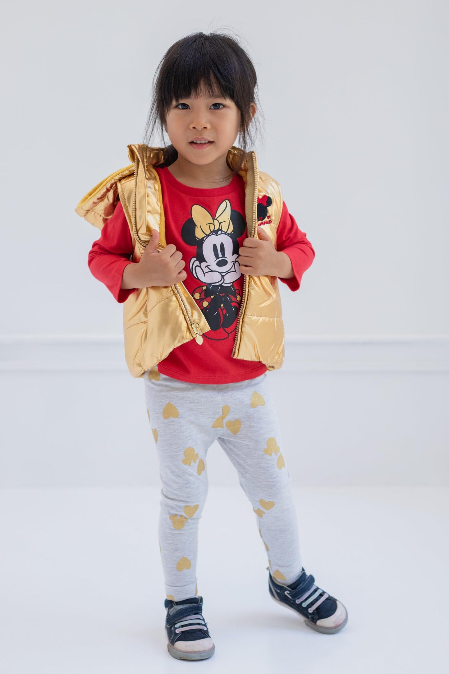Disney Minnie Mouse Toddler Girls Zip Up Vest Puffer T-Shirt and Leggings 3 Piece Outfit Set Red/Yellow 5T