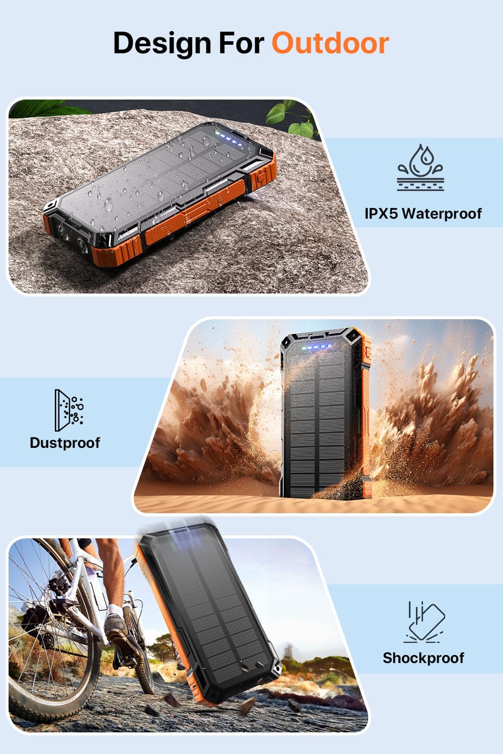 Power Bank 49800mAh Solar Charger Wireless Charging USB-C 5V/3.1A Fast Charging with 4 Built-in Cables LED Flashlight Battery Pack Compatible with iPhone, iPad, Galaxy, Perfect for Camping, Hiking