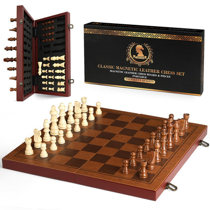 Strong Magnetic Chess Set for Adults & Kids, 15.4" Leather Chess Board & Handcrafted Wooden Chess Pieces with Storage Slots, Portable Travel Chess Game for Beginner and Professional