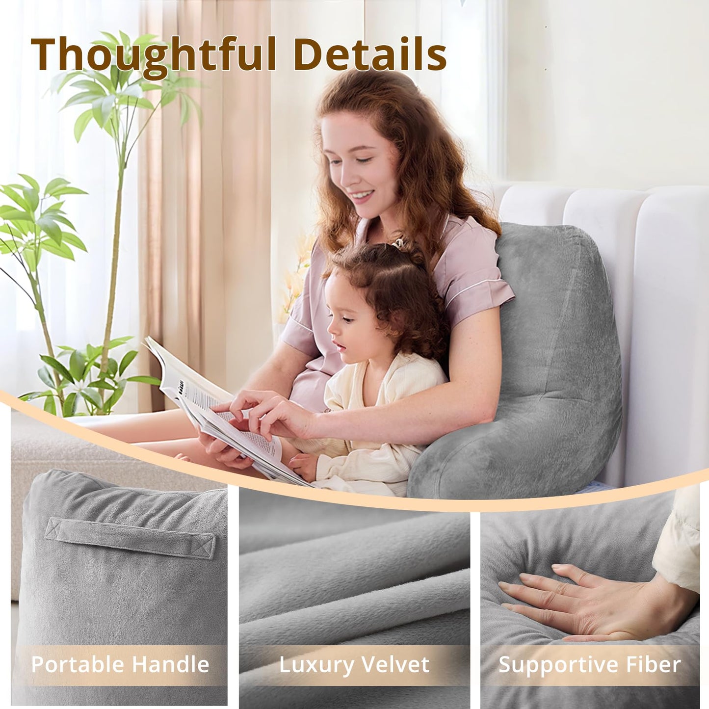 Sasttie Reading Pillows for Sitting in Bed Adult, Velvet Back Pillow Bed Sitting Up, Back-Rest Support Cushion for Sit Up on Couch, Sofa, and Floor, Dorm Essentials, Oeko-Tex Certified, Dark Grey