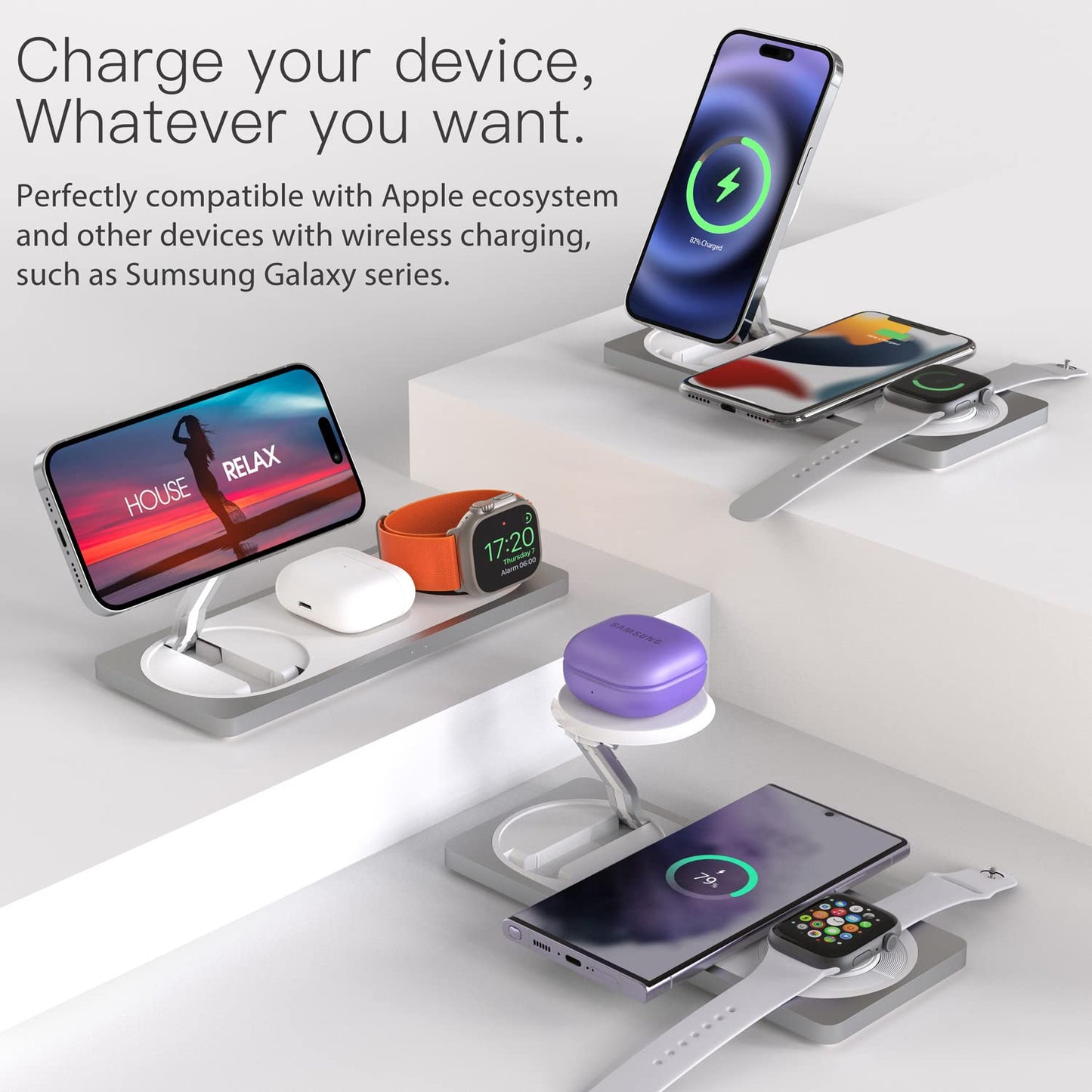 3 in 1 Charging Station for Apple Devices: Used for iPhone and Watch Charging Station with Magsafe Charger Stand, Wireless Charger for iPhone15/14/13/12, Apple Watch 1-9/Ultra, AirPods 3 Pro