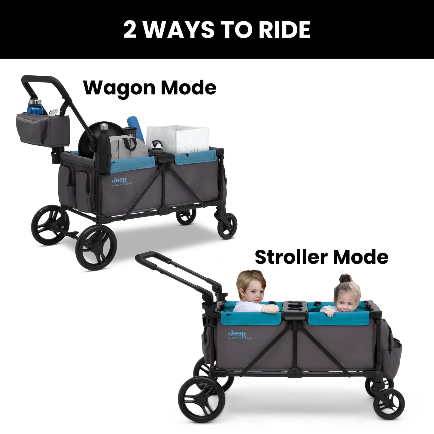 Jeep Sport All-Terrain Stroller Wagon by Delta Children - Includes Canopy, Parent Organizer, Adjustable Handlebar, Snack Tray & Cup Holders, Grey/Blue Moon