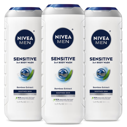 NIVEA MEN Sensitive Body Wash with Bamboo Extract, Moisturizing Body Wash for Sensitive Skin, Soap Free Shower Gel for Men with No Drying Alcohol, 16.9 Fl Oz Bottle, Pack of 3