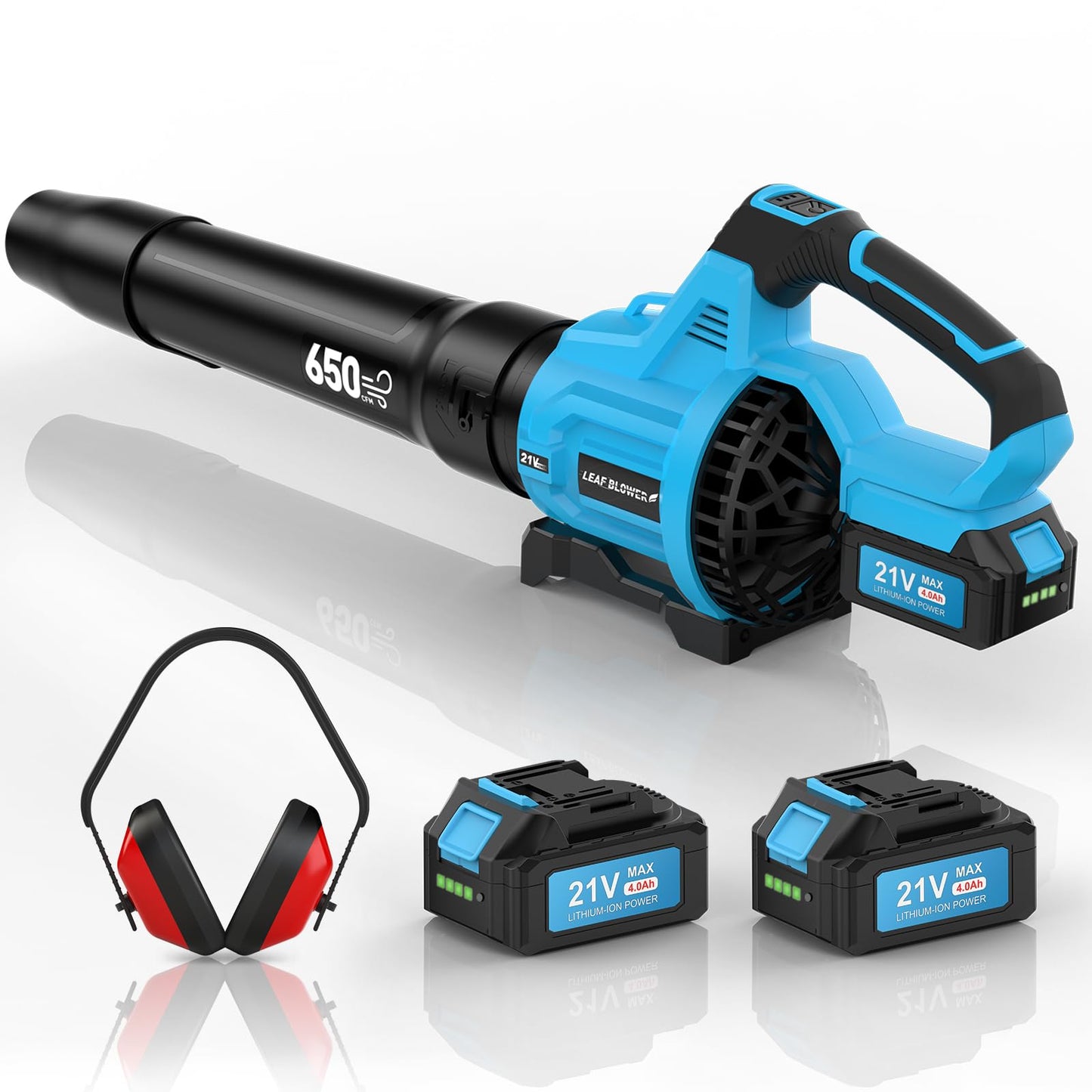 Leaf Blower Cordless,650 CFM & 160 MPH Electric Cordless Leaf Blower with 2 * 4.0Ah Batteries & Noise-Reduction Ear Muffs,3 Speed Powerful Blowing Ideal for Lawn Care, Blowing Leaves, Dust, Snow
