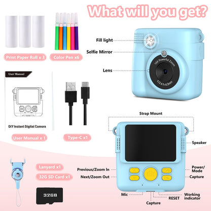 Radekly Instant Print Camera for Kids,Christmas Birthday Gifts for Age 3-12 Girls Boys，1080P HD Digital Video Cameras for Toddler,Kids Portable Toy with 3 Rolls Photo Paper，32GB Card-Blue