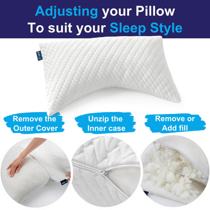 Sidney Sleep Adjustable Curved Contour Fill Pillow – Queen Size – for Side and Back Sleepers – Neck & Shoulder Comfort Support – Extra Fill Included (White)