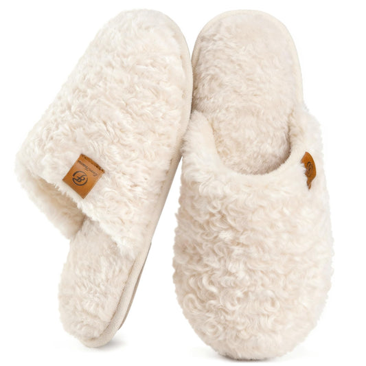 EverFoams Women's Fuzzy Slip-on Slippers Warm Cozy Soft Lightweight Memory Foam Indoor House Shoes Cream White, 7-8 US
