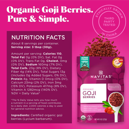 Navitas Organics Goji Berries, 8 oz. Bag, 8 Servings — Organic, Non-GMO, Sun-Dried, Sulfite-Free